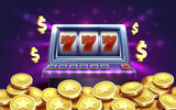 Fototapeta  - Casino slots machine winner, jackpot fortune of luck, 777 win banner. Vector illustration