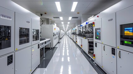 A large industrial building with many white cabinets and a lot of machinery