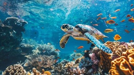 Underwater shot of a hawksbill turtle among beautiful coral reef and tropical fish