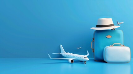 Wall Mural - Vector 3D depiction of a parked plane with luggage bags and a white hat, designed to stimulate tourism advertising on a blue background.