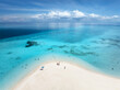 Aerial view of Nakupenda island, sandbank in ocean, white sandy beach, blue sea in low tide at sunny summer day in Zanzibar. Top view of sand spit, clear azure water, people, sky with clouds. Tropical