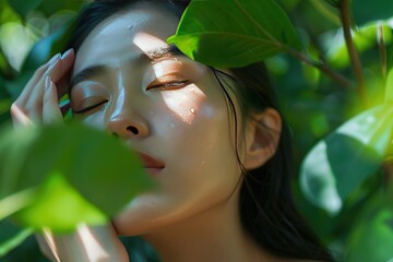 Wall Mural - A woman is resting her head on her hand in a lush green forest