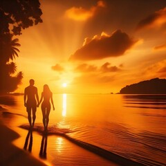 couple walking on the beach at sunset