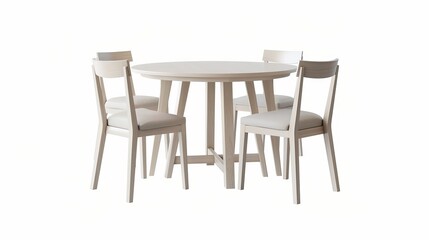 A white wooden round dining table with four chairs, representing modern designer furniture, isolated on a white background.