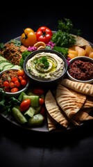 Wall Mural - Delicious Middle Eastern appetizer platter with hummus, pita, and fresh vegetables