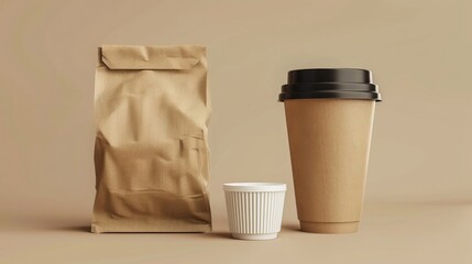 Wall Mural - brown paper bag and cup mockup realistic