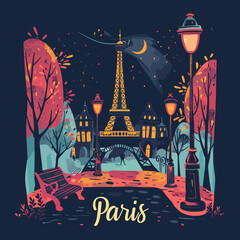 Wall Mural - Paris. Eiffel tower, lanterns and trees. Vector illustration