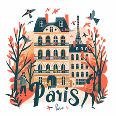 Wall Mural - Paris hand drawn vector illustration with cute houses, birds and trees.