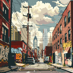 Wall Mural - New York City street with colorful graffiti. Vector illustration in sketch style.