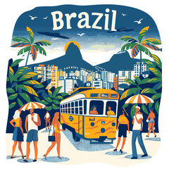 Wall Mural - Travel to Brazil. People on the background of the city. Vector illustration
