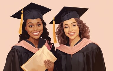 Wall Mural - two smiling graduates in graduation gowns and caps
