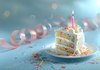 Wall Mural - A slice of funfetti cake with colorful ribbons and birthday candle on light blue background Birthday celebration concept Generative AI