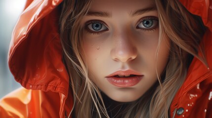 Poster - Thoughtful young woman in red hooded jacket