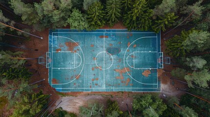 Wall Mural - Russia, Republic of Karelia, Sortavala, Aerial view of empty basketball court.

