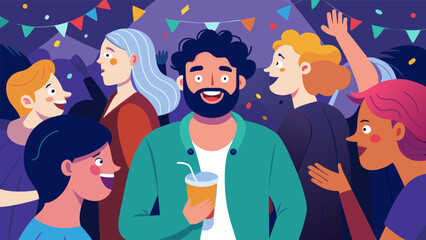 Poster - A crowded party where a previously withdrawn and anxious individual is now mingling and laughing after having been treated with ketamine for severe.