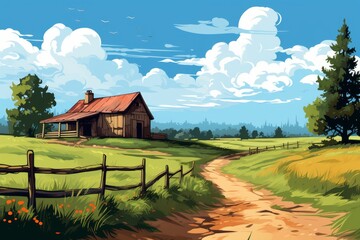 Wall Mural - Idyllic rural landscape with a rustic wooden cabin