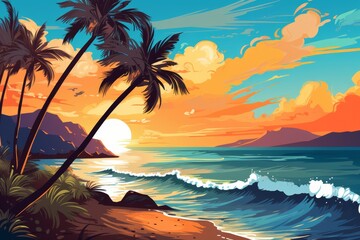 Wall Mural - tropical sunset beach landscape with palm trees