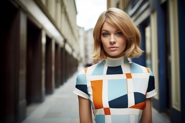 Wall Mural - Stylish woman in colorful geometric dress