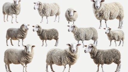 Sheep collection (portrait, standing), animal bundle isolated on a white background as transparent PNG hyper realistic 