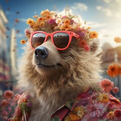 Fluffy dog wearing sunglasses and flower crown