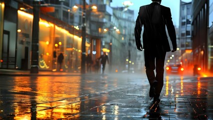 A businessman in a black suit walks in the rain in a city. Concept Outdoor Photoshoot, Businessman, Black Suit, Rainy Cityscape, Moody Vibes