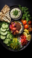 Wall Mural - Healthy Mediterranean style appetizer platter with hummus, pita, and fresh vegetables