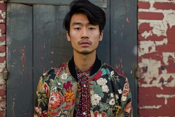 Canvas Print - Fashion-forward male posing in a vibrant floral jacket with a textured, urban wall backdrop