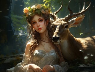 Poster - enchanting forest fairy with deer