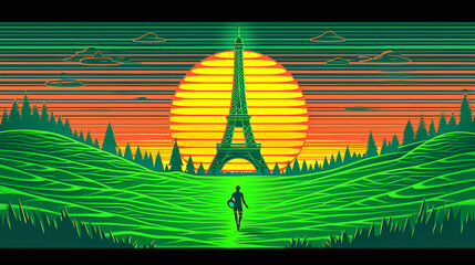 simple line art minimalist collage illustration with a professional rugby player and Eiffel Tower in the background