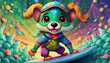 oil painting style cartoon character Multicolored BABY DOG young boy learning to surf, cartoon,