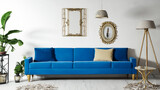 Fototapeta Sport - Living room with white walls has light blue sofa and antique decoration, interior design