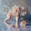 A pair of pink satin ballet pointe shoes resting against a bouquet of peonies on a reflective surface with a soft blue background