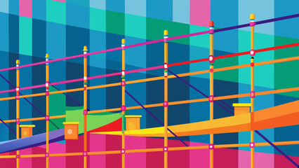 Brightly colored safety nets d along the sides of the scaffolding providing an extra layer of protection for the workers.. Vector illustration