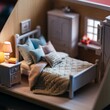 Miniature toy doll room neat cute cozy neat blue bedroom with book, lamp and pillows