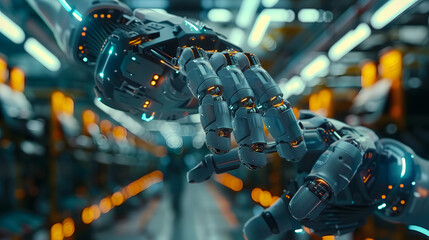 Wall Mural - in the future, robots or cyborgs with artificial intelligence will control manipulator arms on facto