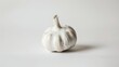 A single garlic bulb with its papery white skin intact, sharply focused against a pure white background to highlight its organic texture