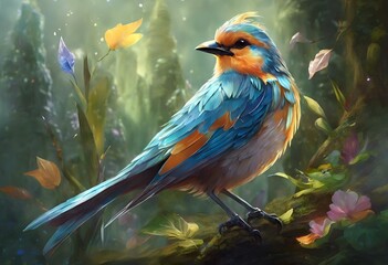 Poster - a painting of a small bird with bright colored feathers and blue, orange, and