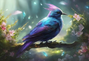 Poster - a bird with pink feathers sitting on a branch in a blooming field