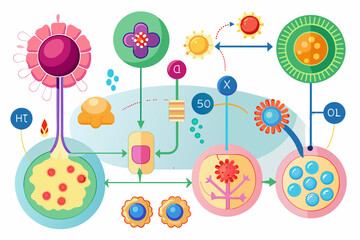 Poster - Colorful illustration of eight abstract cells connected by arrows, showing a sequence or flow of biological processes, set against a light blue background. Each cell is uniquely colored and patterned