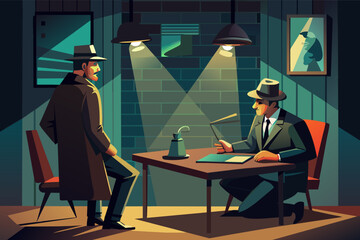 Poster - Two men in a dimly lit office, one standing in a trench coat and fedora, the other seated at a desk wearing a suit and fedora, with dramatic shadows cast by overhead lights.