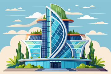 Fototapete - Illustration of a futuristic building with curved and angular glass structures, topped with green roofs and surrounded by lush greenery, set against a background of blue sky and fluffy clouds.