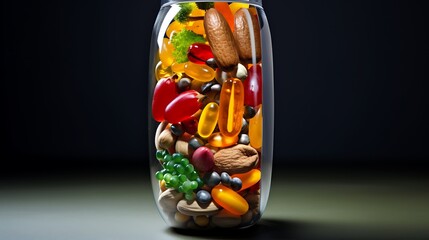 Wall Mural - Medicine health concept. Nutritional supplement and vitamin supplements as a capsule with fruit vegetables nuts and beans inside a nutrient pill