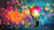A vibrant exploding light bulb with colorful paint splashes, illuminated against a bokeh light background, symbolizing creativity and inspiration.