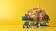 A whimsical representation of a colorful house with a waterslide, resting on a shopping cart, set against a vibrant yellow background.