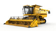 A modern yellow combine harvester on a white background, featuring a detailed cutter bar and intricate machinery designed for efficient agricultural harvesting.