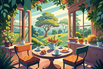 illustration of a cozy breakfast nook with an open window showcasing a scenic view of a lush countryside. The table is set for two, with croissants, a pot of coffee, cups, and a vase of fresh flowers