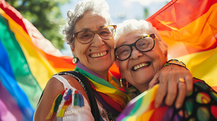 Wall Mural - Happy senior lesbian couple embracing at pride month festival with rainbow flag. Smiling elderly gay women hugging. Candid inclusion 