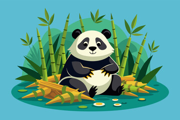 Poster - Cartoon illustration of a happy panda sitting among bamboo shoots and leaves, holding a small orange fruit.
