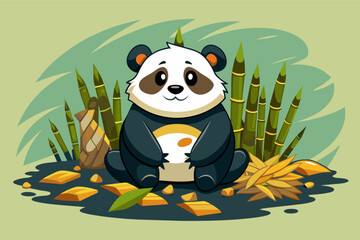 Poster - Cartoon illustration of a happy panda sitting among bamboo shoots and leaves, holding a small orange fruit.
