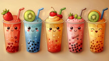 A seamless bubble milk tea background, boba tea, Taiwanese milk tea with a cute and kawaii character design doodle pattern.